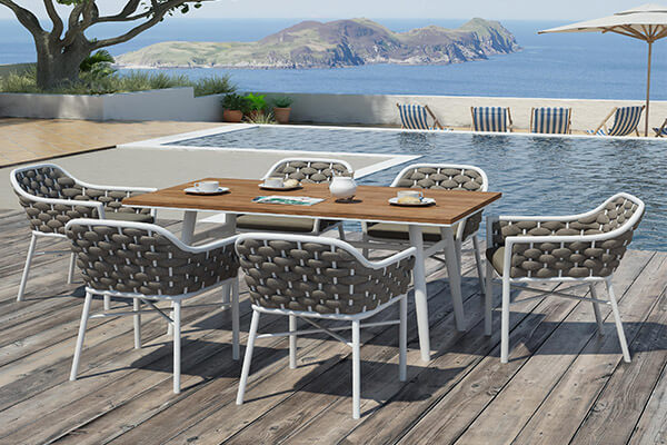 Modern Aluminum frame teak outdoor dining table with outdoor rope dining chair