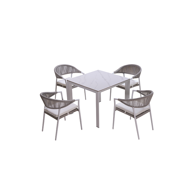 White Square 5 PCS Patio dining set rope|marble ceramic glass on top